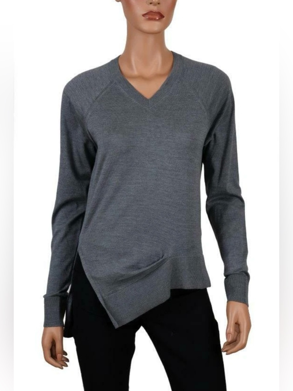 Alexander Wang  Gray V-Neck cotton silk Asymmetric Hem Sweater Small